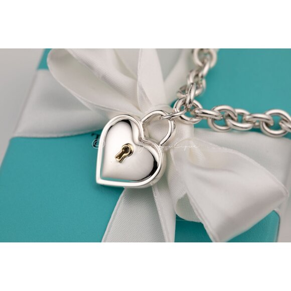 Tiffany & Co. Heart Lock Necklace Thick 16" Chain 18k Gold Sterling Silver - Picture 5 of 8